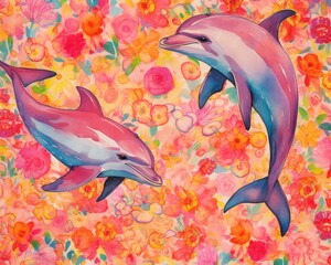 fluidity and unpredictability of watercolors by creating a dynamic and energetic dolphin print. bold brushstrokes and splashes of color to depict the dolphin movement and power 