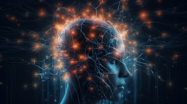 Unreal human head with neurons in brain. Generative AI