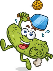 Pickle cartoon running and hopping to reach a stray pickleball bounce that's way above his head while he's sweating and working out vector clip art