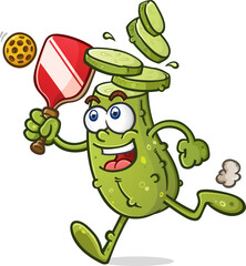 Pickle cartoon with chopped head and slices falling off jogging toward a stray pickleball on the court during an exciting match vector clip art