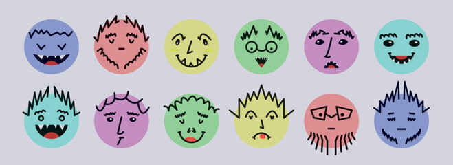 Abstract smile face icons. Cartoon round emoji avatars. Emoticon character set. Funny doodle isolated vector elements. Sad, angry, exhausted, shocked, confused faces.