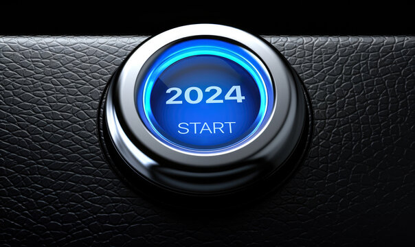 Start button Year 2024 metalic blue glow on black leather background