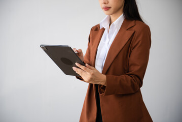 Working Process in Modern Office. Young Woman Account Manager Working at Table with New Business Project. Using Contemporary Laptop.