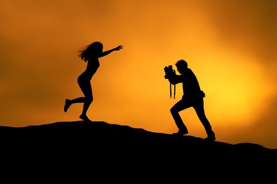 Silhouette of a photographer and a girl on top of a mountain ai generated