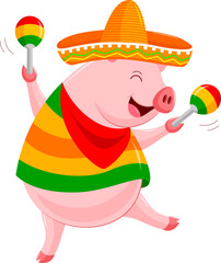 Pig character with sombrero Mexican hat and maracas