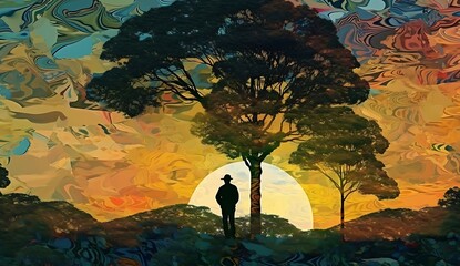 Man standing under a tree in the forest at sunset ai generated