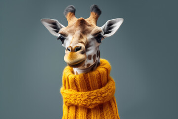 giraffe wearing a knitted scarf on a gray background. animal's elegance. attitude towards Western fashion or uniqueness and unusualness - obrazy, fototapety, plakaty