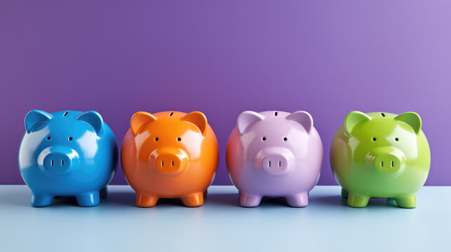row of colorful piggy banks on top of purple background. saving money, wealth, and confidence in the future. piggy banks may demonstrate the diversity of goals