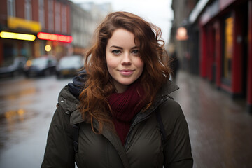 Fototapeta premium woman wearing a black coat and scarf. She is standing against a cityscape or outdoors. character, style, elegance, and stability