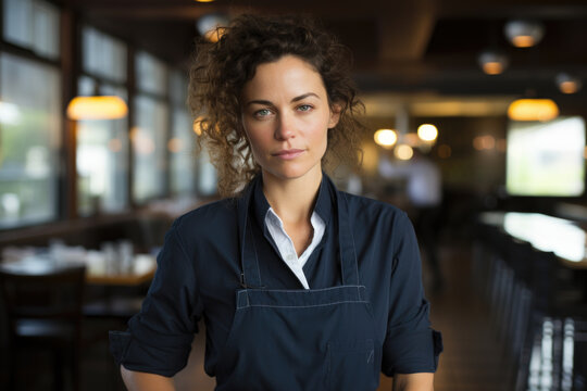 Woman Wearing An Apron Standing In A Restaurant. She Is Looking Straight At The Camera With A Smile On Her Face, With Kitchen Equipment Visible In The Background.