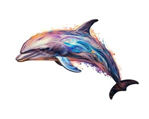 fluidity and unpredictability of watercolors by creating a dynamic and energetic dolphin print. bold brushstrokes and splashes of color to depict the dolphin movement and power