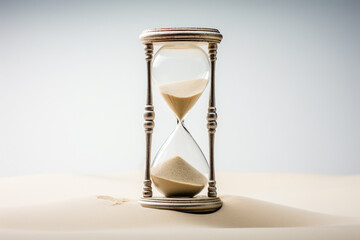 hourglass sand on the beach with a light gray background, which symbolizes concept of time. motivational articles, business content, and time management projects - obrazy, fototapety, plakaty