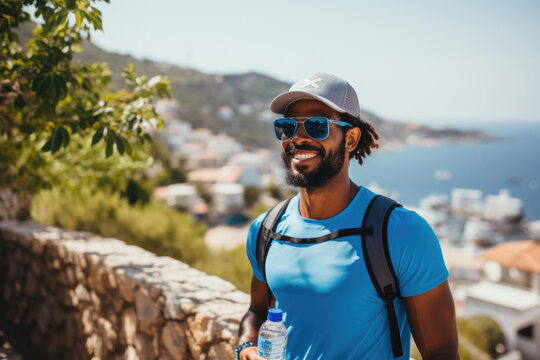 black guy with a smile, holding a water bottle in his hand. healthy lifestyle, caring for health articles related to sports, fitness