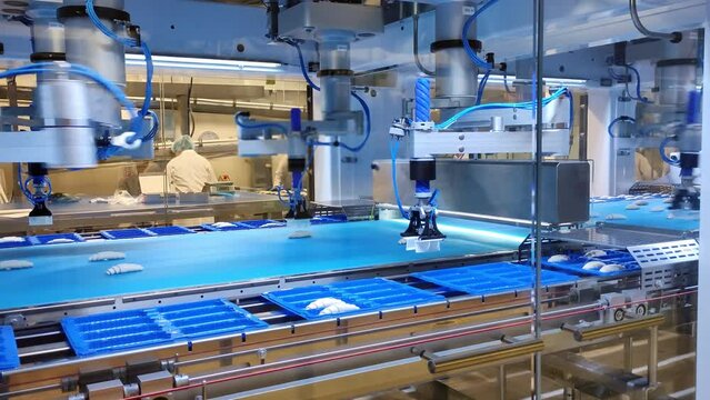 Automated croissant production process in a factory. Moving conveyor belt and automated croissant production and packaging process. Automated croissant production process is the future of mankind.