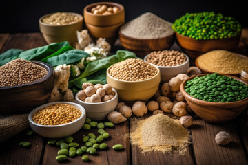 many kinds of small bowls of grains and legumes on a wooden background. healthy lifestyle, proper nutrition, and ecology. healthy eating, cooking, and ecology