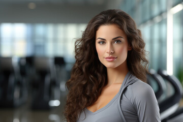 Fototapeta premium beautiful young lady with long curly hair standing in front of gym equipment. healthy lifestyle and fitness, beauty of female body. sports, and healthy lifestyle