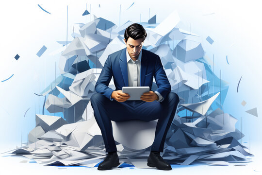 man in a business suit sitting on a heap of crumpled pieces of papers. symbolizes disorder, stress, and work overload. articles, presentations to business life, work stress, and time management