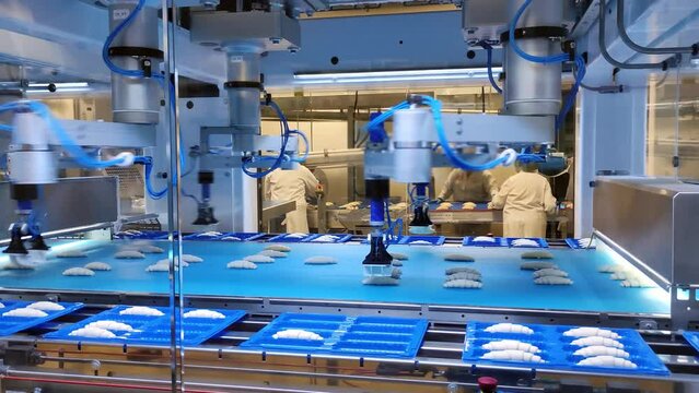Artificial intelligence manages production processes. Fast and high-quality production in a croissant factory using artificial intelligence. Concept: Artificial intelligence makes work easy.