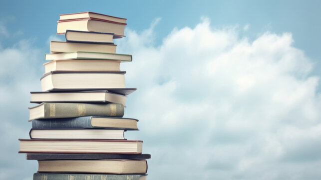 high stack of books against a cloudy sky background. education, knowledge, and spiritual development, self-improvement
