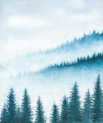 Watercolor Misty foggy mountain landscape with forest 
