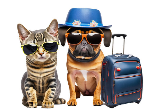 Funny holiday picture. Cat and dog travelers in a sunglasses and hats with a travel case isolated on a white. Generative AI.