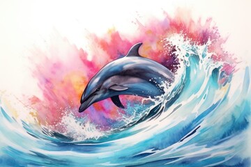 fluidity and unpredictability of watercolors by creating a dynamic and energetic dolphin print. bold brushstrokes and splashes of color to depict the dolphin movement and power 