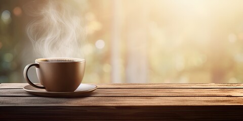 Cup of hot espresso on modern wooden table. Creating aroma, evoking sense of lifestyle and romance