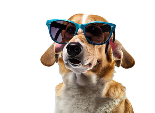 Funny picture of a dog in sunglasses on a white background. Generative AI.
