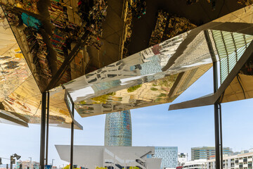 The Torre Glories or Torre Agbar from the Mercat dels Encants, in the city of Barcelona, Catalonia, Spain.