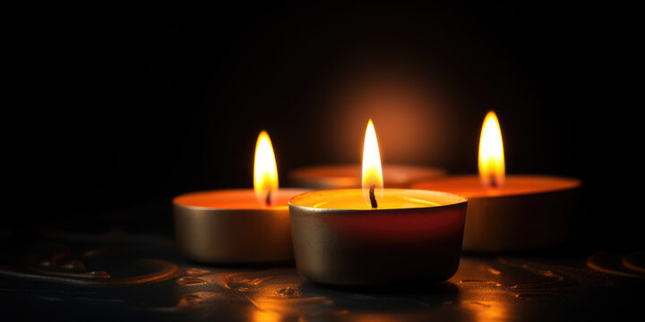 candle lights in the darkness, dark gradient background, close up