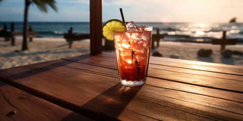 Cocktail on top of a wooden table in front of the beach 