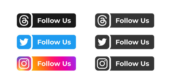Threads app logo icon follow us buttons vector design. Social media threads app, twitter, instagram logo set fit for marketing, promotion element design