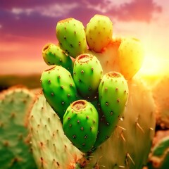 Texas Prickly pear cactus with green fruit with sunset background - obrazy, fototapety, plakaty