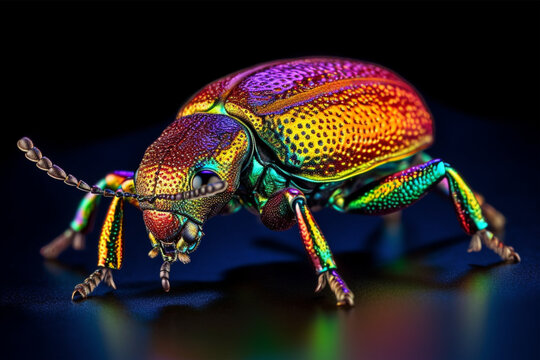 Macro shot of a bean weevil on a black background with colored lights