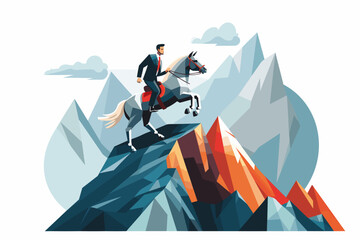 Businessman on a horse on top of a mountain, success