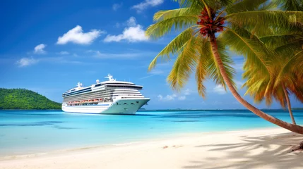 Foto op Plexiglas Cruise ship on a tropical beach with palm trees and white sand. Generative AI © mila103