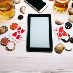 Card deck surrounded by poker chips and scattered seashells, glasses, a tablet and bottle of beer, on white wooden background with copy space