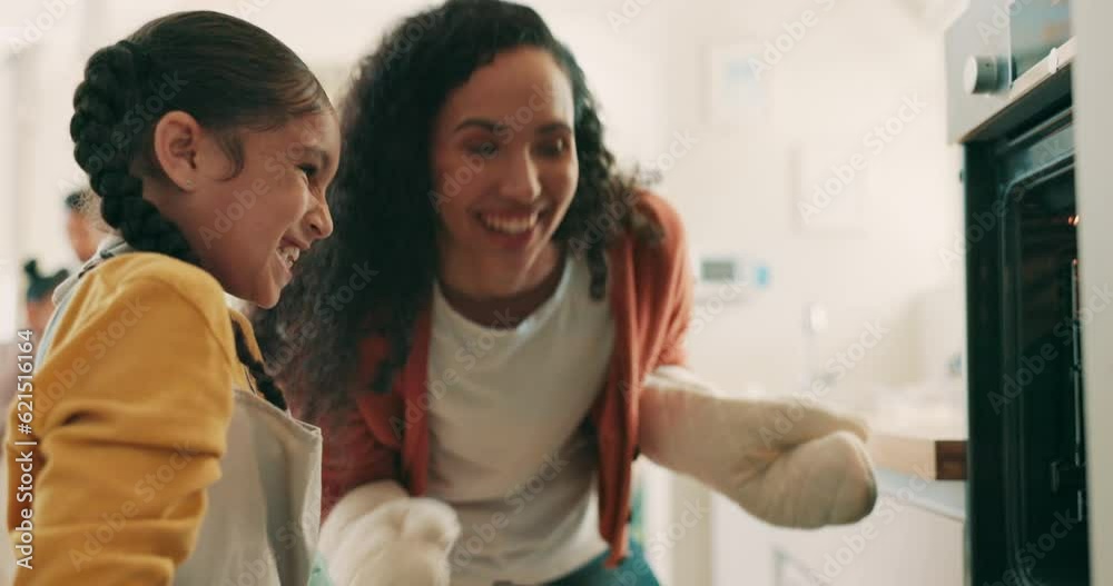 Sticker Mother and child taking cookies out of the oven in the kitchen for dessert in their home. Happy, bonding and young woman cooking or baking biscuits with her girl kid for a sweet snack at family house