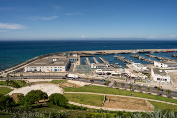 Lookout Point with panoramic views of the Tanger fishing fleet and maritime port the Port of Tangier, Port of Tanger, and Spain across the Strait of Gibraltar.Morocco.