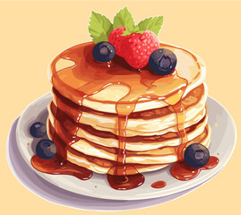 Pancake with strawberries, blackberry and syrup, watercolor drawing style