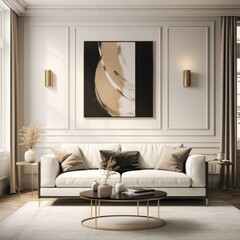 Contemporary elegance within a photorealistic living room, generative ai