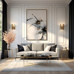 Contemporary elegance within a photorealistic living room, generative ai