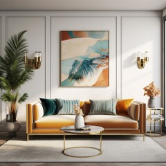 Contemporary elegance within a photorealistic living room, generative ai