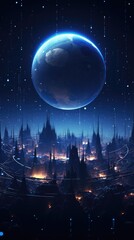 Naklejka premium Cyber galaxy of pixel planets, unreal, dark theme, generative ai