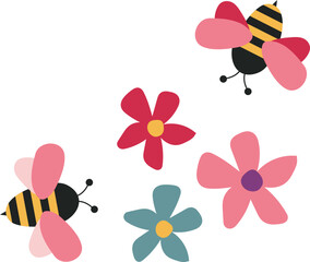 cute bees and flowers at spring and summer time