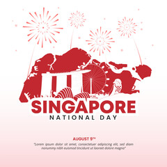 Square Singapore National Day background with a map and silhouette buildings - obrazy, fototapety, plakaty