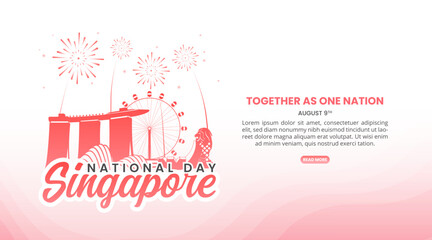 Singapore National Day background with silhouette buildings and fireworks