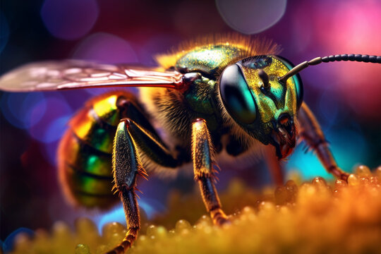 creates stunning macro photos of insects close up a bee in vibrant, 