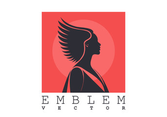 Vector square emblem or sticker. Black silhouette of a sorceress lady with a bird wing hairstyle. White isolated background.
