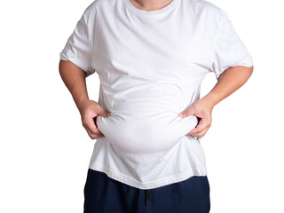 big belly fat guy wearing white shirt on white background isolated.